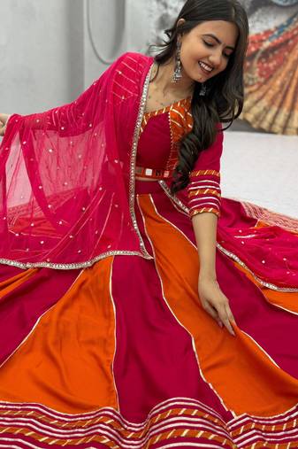 NAVRATRI RED-FENTA SOLID FLARED LEHENGA WITH COTTON HANDWORK BLOUSE DUPATTA