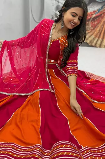 NAVRATRI RED-FENTA SOLID FLARED LEHENGA WITH COTTON HANDWORK BLOUSE DUPATTA