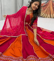NAVRATRI RED-FENTA SOLID FLARED LEHENGA WITH COTTON HANDWORK BLOUSE DUPATTA