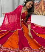 NAVRATRI RED-FENTA SOLID FLARED LEHENGA WITH COTTON HANDWORK BLOUSE DUPATTA