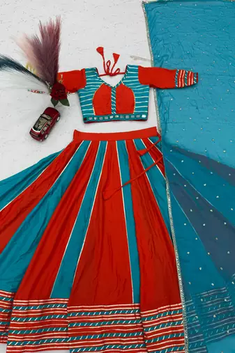 NAVRATRI RED-SKY SOLID FLARED LEHENGA WITH COTTON HANDWORK BLOUSE DUPATTA