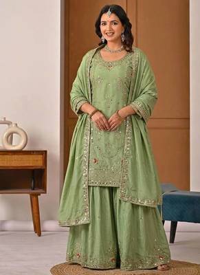 Light Green Sequence Embroidery Work Silk Blend Salwar Suit 1