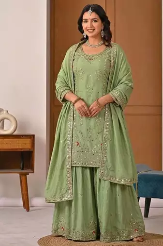 Light Green Sequence Embroidery Work Silk Blend Salwar Suit