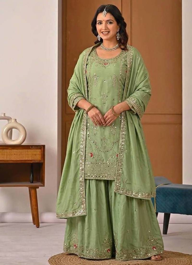 Light Green Sequence Embroidery Work Silk Blend Salwar Suit