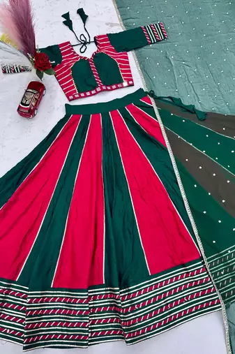 NAVRATRI RANI-GREEN SOLID FLARED LEHENGA WITH COTTON HANDWORK BLOUSE DUPATTA