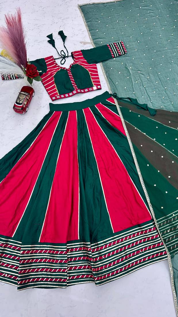 NAVRATRI RANI-GREEN SOLID FLARED LEHENGA WITH COTTON HANDWORK BLOUSE DUPATTA