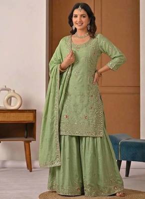 Light Green Sequence Embroidery Work Silk Blend Salwar Suit 2