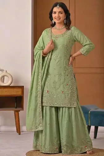Light Green Sequence Embroidery Work Silk Blend Salwar Suit