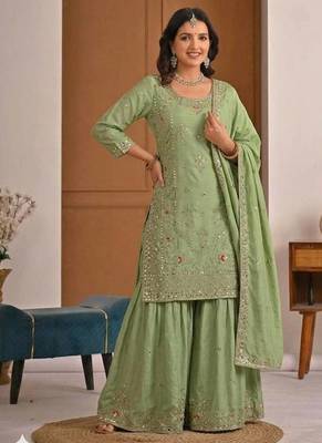 Light Green Sequence Embroidery Work Silk Blend Salwar Suit 3