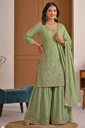 Light Green Sequence Embroidery Work Silk Blend Salwar Suit