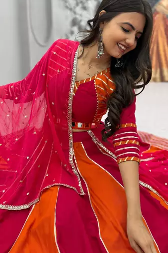 NAVRATRI RED-FENTA SOLID FLARED LEHENGA WITH COTTON HANDWORK BLOUSE DUPATTA