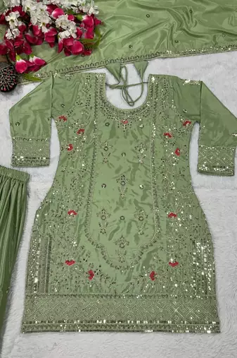Light Green Sequence Embroidery Work Silk Blend Salwar Suit