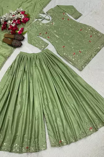 Light Green Sequence Embroidery Work Silk Blend Salwar Suit
