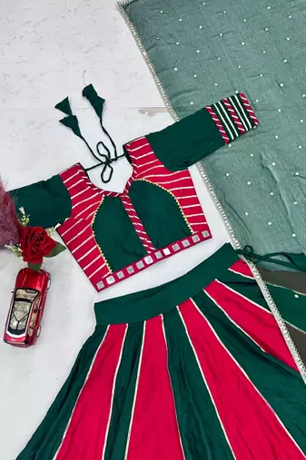NAVRATRI RANI-GREEN SOLID FLARED LEHENGA WITH COTTON HANDWORK BLOUSE DUPATTA