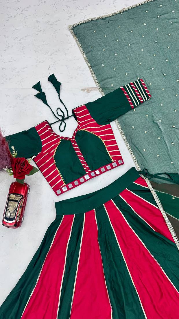 NAVRATRI RANI-GREEN SOLID FLARED LEHENGA WITH COTTON HANDWORK BLOUSE DUPATTA