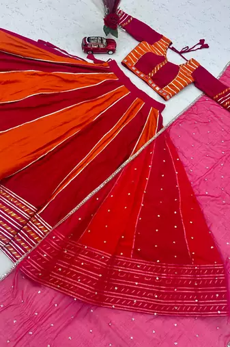 NAVRATRI RED-FENTA SOLID FLARED LEHENGA WITH COTTON HANDWORK BLOUSE DUPATTA