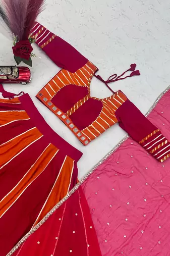 NAVRATRI RED-FENTA SOLID FLARED LEHENGA WITH COTTON HANDWORK BLOUSE DUPATTA