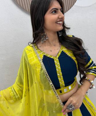 NAVRATRI YELLOW-TEAL BLUE SOLID FLARED LEHENGA SET 2