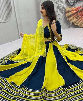 NAVRATRI YELLOW-TEAL BLUE SOLID FLARED LEHENGA SET 3
