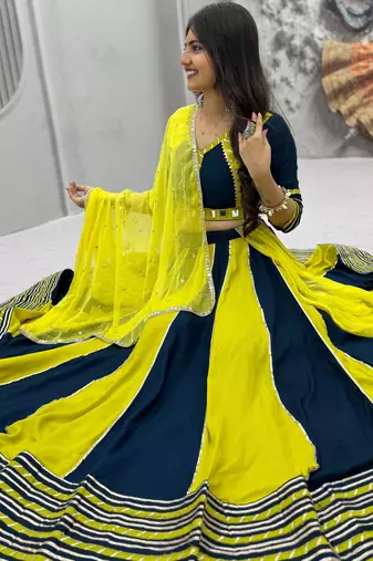 NAVRATRI YELLOW-TEAL BLUE SOLID FLARED LEHENGA SET