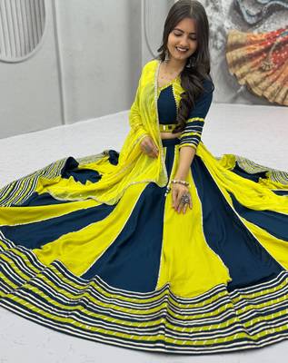 NAVRATRI YELLOW-TEAL BLUE SOLID FLARED LEHENGA SET 1