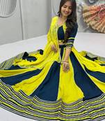 NAVRATRI YELLOW-TEAL BLUE SOLID FLARED LEHENGA SET