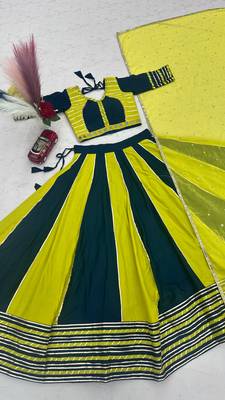 NAVRATRI YELLOW-TEAL BLUE SOLID FLARED LEHENGA SET 5