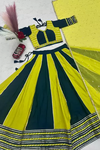 NAVRATRI YELLOW-TEAL BLUE SOLID FLARED LEHENGA SET