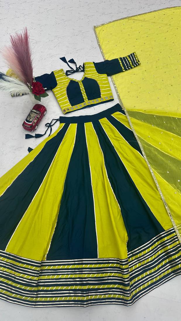 NAVRATRI YELLOW-TEAL BLUE SOLID FLARED LEHENGA SET