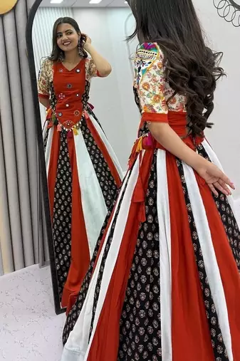 NAVRATRI BLACK-WHITE-RED COTTON SOLID PRINTED FLARED LEHENGA SET