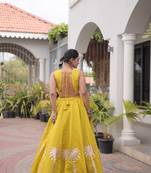NAVRATRI WEAR PERROTT YELLOW COLOR ROMAN SILK BLEND GOTA WORK FREE SIZE LEHENGA EMBROIDERED BLOUSE FULL-STITCHED.
