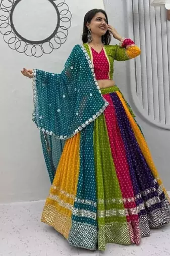 NAVRATRI WEAR MULTI COLOR GEORGETTE PRINTED FLARED FREE SIZE GOTA WORK STITCH  BLOUSE DUPATTA FULL STITCHED