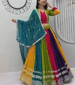 NAVRATRI WEAR MULTI COLOR GEORGETTE PRINTED FLARED FREE SIZE GOTA WORK STITCH  BLOUSE DUPATTA FULL STITCHED