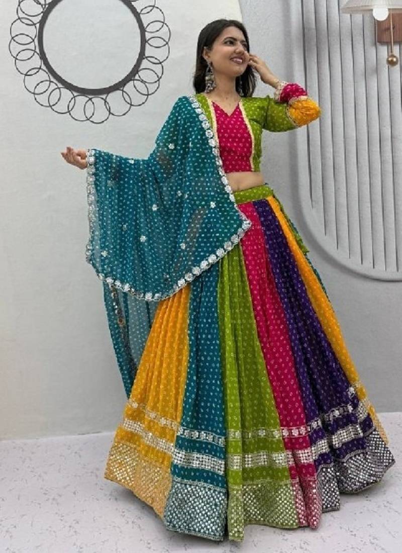 NAVRATRI WEAR MULTI COLOR GEORGETTE PRINTED FLARED FREE SIZE GOTA WORK STITCH  BLOUSE DUPATTA FULL STITCHED