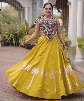 NAVRATRI WEAR PERROTT YELLOW COLOR ROMAN SILK BLEND GOTA WORK FREE SIZE LEHENGA EMBROIDERED BLOUSE FULL-STITCHED. 2