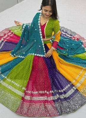 NAVRATRI WEAR MULTI COLOR GEORGETTE PRINTED FLARED FREE SIZE GOTA WORK STITCH  BLOUSE DUPATTA FULL STITCHED 2