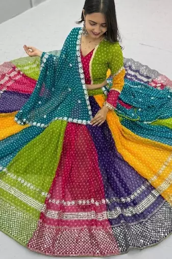 NAVRATRI WEAR MULTI COLOR GEORGETTE PRINTED FLARED FREE SIZE GOTA WORK STITCH  BLOUSE DUPATTA FULL STITCHED
