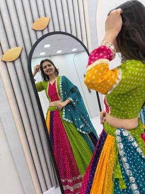 NAVRATRI WEAR MULTI COLOR GEORGETTE PRINTED FLARED FREE SIZE GOTA WORK STITCH  BLOUSE DUPATTA FULL STITCHED 3