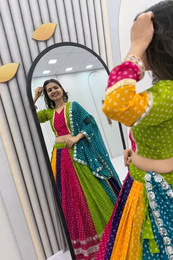 NAVRATRI WEAR MULTI COLOR GEORGETTE PRINTED FLARED FREE SIZE GOTA WORK STITCH  BLOUSE DUPATTA FULL STITCHED