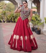 NAVRATRI MAROON ROMAN SILK BLEND GOTA WORK LEHENGA EMBROIDERED BLOUSE 