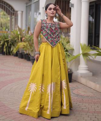 NAVRATRI WEAR PERROTT YELLOW COLOR ROMAN SILK BLEND GOTA WORK FREE SIZE LEHENGA EMBROIDERED BLOUSE FULL-STITCHED. 5