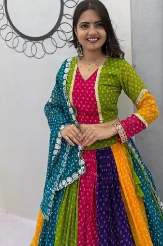 NAVRATRI WEAR MULTI COLOR GEORGETTE PRINTED FLARED FREE SIZE GOTA WORK STITCH  BLOUSE DUPATTA FULL STITCHED