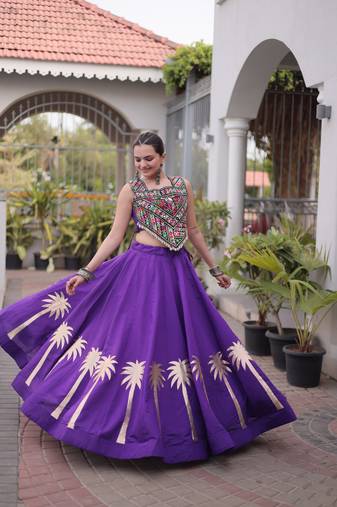 NAVRATRI PURPLE ROMAN SILK BLEND GOTA WORK LEHENGA EMBROIDERED BLOUSE 