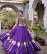 NAVRATRI PURPLE ROMAN SILK BLEND GOTA WORK LEHENGA EMBROIDERED BLOUSE 