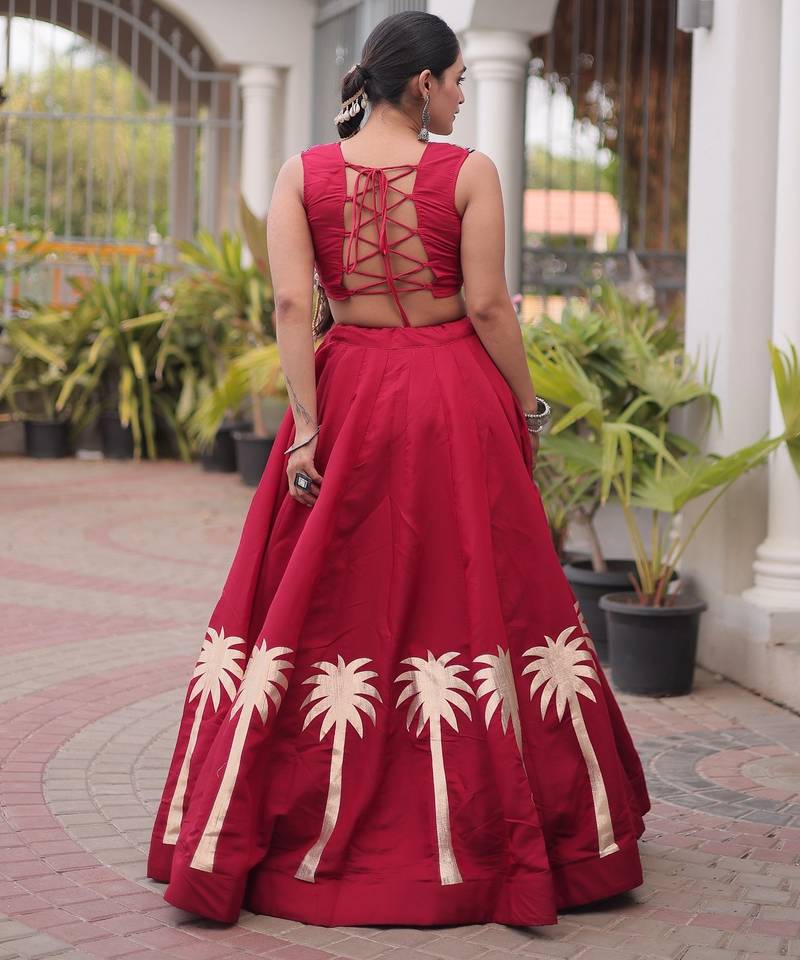 NAVRATRI MAROON ROMAN SILK BLEND GOTA WORK LEHENGA EMBROIDERED BLOUSE 