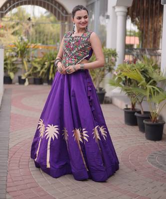NAVRATRI PURPLE ROMAN SILK BLEND GOTA WORK LEHENGA EMBROIDERED BLOUSE  2