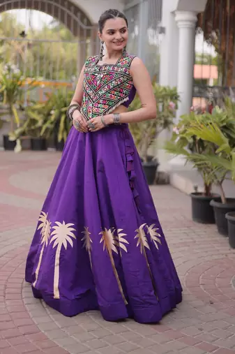 NAVRATRI PURPLE ROMAN SILK BLEND GOTA WORK LEHENGA EMBROIDERED BLOUSE 