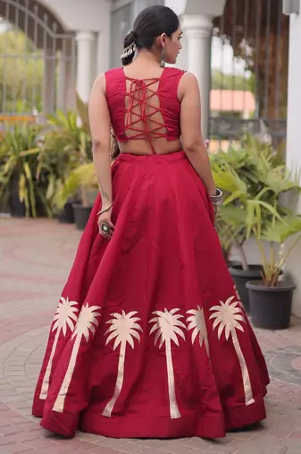 NAVRATRI MAROON ROMAN SILK BLEND GOTA WORK LEHENGA EMBROIDERED BLOUSE 