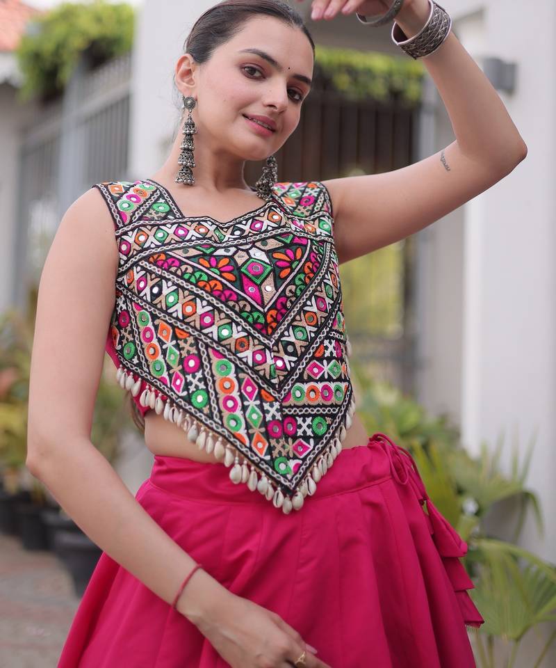 NAVRATRI RANI-PINK ROMAN SILK BLEND GOTA WORK LEHENGA EMBROIDERED BLOUSE 