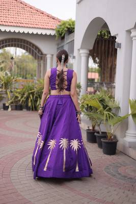 NAVRATRI PURPLE ROMAN SILK BLEND GOTA WORK LEHENGA EMBROIDERED BLOUSE  4